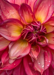 Close up macro shot of an open pink dahlia flower in full bloom with water droplets.