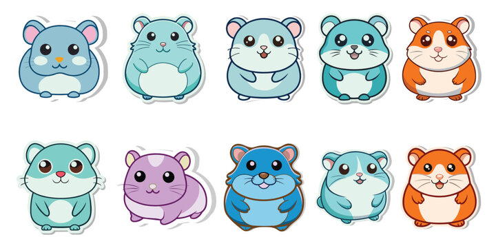 Set of cute cartoon hamster stickers. Kawaii hamster sticker vector isolated in white background. Collection of avatars mascots funny character animal stickers