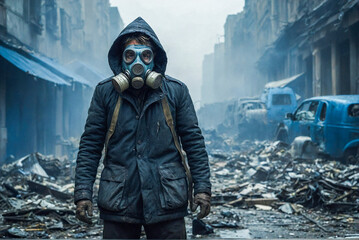 portrait of man on the street of a city looking at camera with dirty and old clothes, a mask for breathing in polluted atmosphere and head covered by a hood in catastrophe dystopian environment.