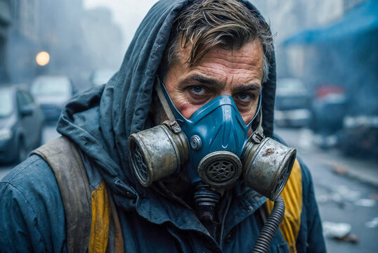 portrait of man on the street of a city looking at camera with dirty and old clothes, a mask for breathing in polluted atmosphere and head covered by a hood in catastrophe dystopian environment.