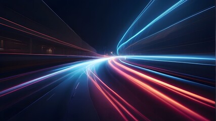 Laser beams are brilliant, abstract, and glittering, isolated on a translucent background. Light trails created by high-speed acceleration on a night road. Light moving rapid train over darkness. - obrazy, fototapety, plakaty