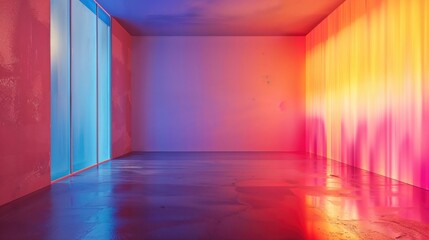 Bright Modern Minimalist Interior with Vibrant Multicoloured Gradient Lighting.