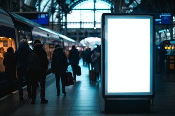 Mock up. Vertical advertising billboard, lightbox with empty digital screen on railway station. Blank white poster advertising, public information board stands at station in front of people and train - Powered by Adobe
