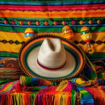 A festive banner with a modern minimalistic image of the Mexican Cinco de Mayo holiday, with a hat, maracas, guitar on a striped serape and a free place to insert text
