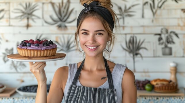   A woman holds a plate bearing a cupcake and a blueberry muffin in front of a wall
