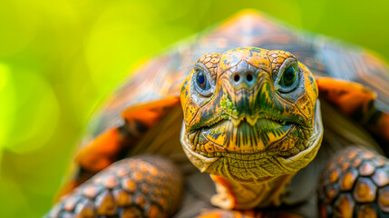 Surreal Studio Shot of Young Tortoise on Green Background