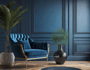 Blue livingroom - modern interior and rich furniture design. Mockup for art - empty painted navy dark black wall. Deep cobalt chair and blank cyan background. Luxury premium lounge hall. 3d - obrazy, fototapety, plakaty