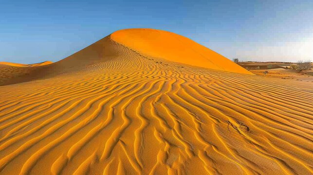   A sand dune in a desert's heart, blue sky backdrop, scant trees in foreground
