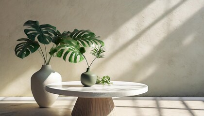 realistic 3d render a white round coffee table with green decor leaf plants in a vase with morning sunlight and beautiful foliage leaves shadow on beige wall background mock up products overlay