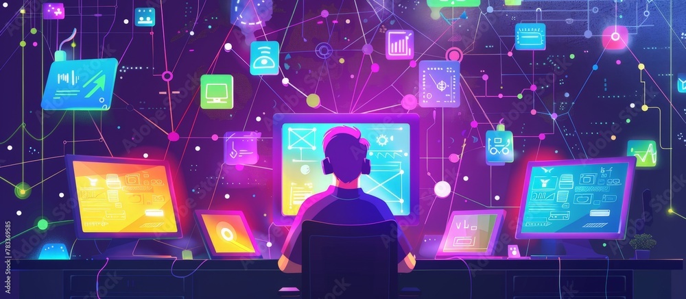 Wall mural a man sits at a desk surrounded by various computers and numerous icons on the screens.