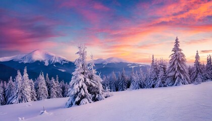 amazing sunrise in the mountains sunset winter landscape with snow covered pine trees in violet and pink colors fantastic colorful scene with picturesque dramatic sky christmas wintery background