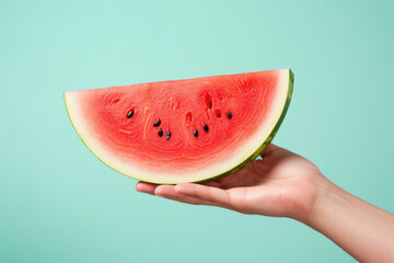 Hand holding a juicy watermelon slice: A quintessential symbol of summer, bursting with sweetness and hydration, perfect for refreshing snacks and desserts.