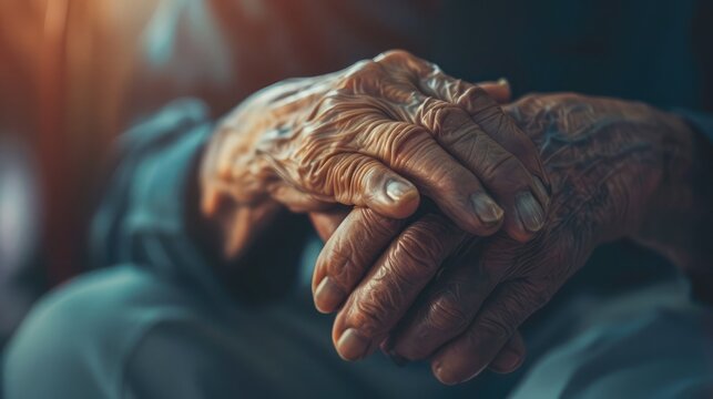 Disability awareness day, aging society concept with Parkinson disease, Alzheimer patient, elderly senior citizen person's hand with Arthritis pain in nursing family care giving of caregiver support