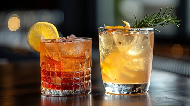   A tight shot of two glassware holding drinks on a table Each glass is adorned with a rosemary sprig atop