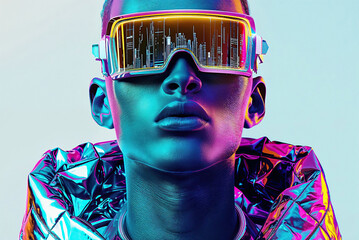 A man wearing high-tech glasses with futuristic design. - 783369917