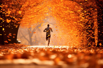A young adult sprints through the autumn woodland, the golden sunset casting a warm glow on the...