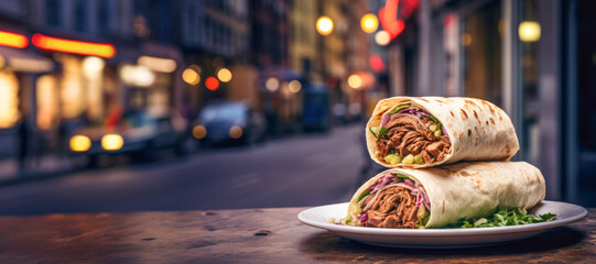 A delightful street-food scene featuring a Turkish shawarma roll, a perfect combination of succulent meat, crisp lettuce, and ripe tomatoes, creating a delicious and - 783369924