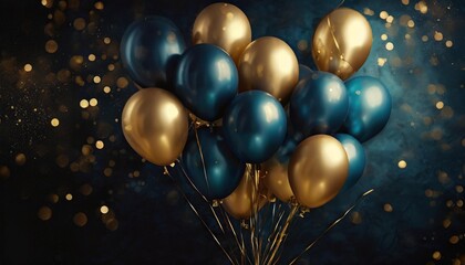celebration dark background with blue gold balloons