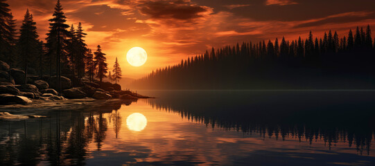 The beauty of nature on display as the moon sets over the tranquil waters of the lake. - 783369942