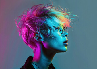 A woman with glasses and vibrant neon hair is shown in the image. - 783369952