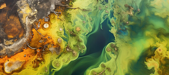 Aerial view of a toxic water pit, showcasing the destructive impact of industrial pollution on the environment, with vibrant hues of orange and yellow staining the surface. - 783369953