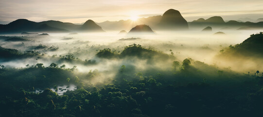 Aerial view of misty mountains and lush forests at sunrise, capturing the ethereal beauty and tranquility of a summer morning in nature. - 783369955