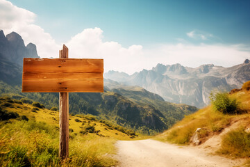 Hiking trail sign with panoramic mountain view: Offering direction and guidance to adventurers exploring the high alpine paths and valleys - 783369957