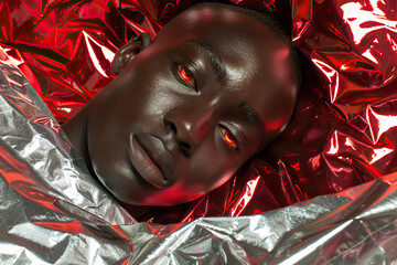 A man is lying flat on a surface covered in shiny tinfoil. - 783369997