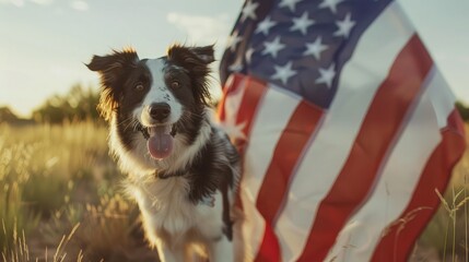 Happy border collie carrying USA flag