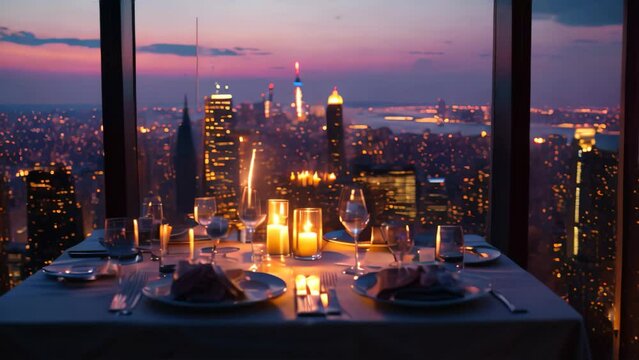 A dining table beautifully set with dinnerware and a stunning view of the city skyline at night, An intimate, candlelit dinner setting with a panoramic view of a city skyline at night, AI Generated