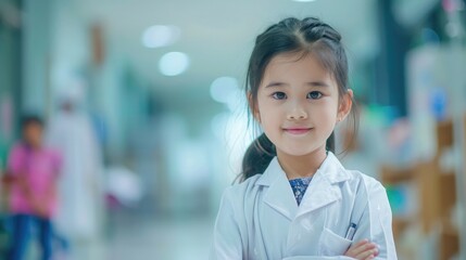 Kid's career and health care, medical insurance concept with girl child in white doctor or nurse lab gown with blurry background medical clinic healthcare service center or hospital