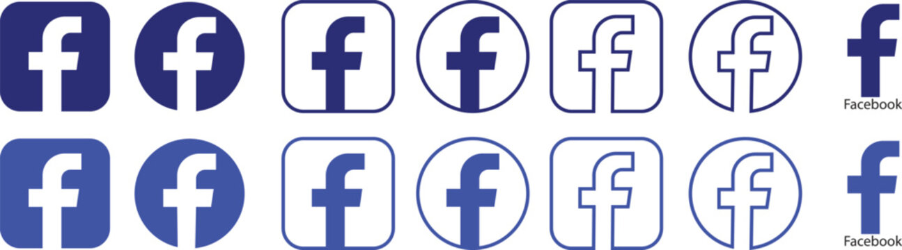 Facebook logo set isolated on white background. Social media icons. Editorial Letter F. Flat, linear web icon or sign. Different shape of facebook vector collection group.
