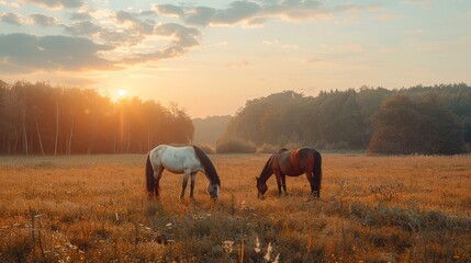 Obraz premium Two horses graze in a sun-lit field Behind them, a wooded area is bathed in sunlight as it filters through the trees