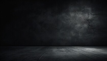 exposed concrete wall dark panoramic background with floor for placement and presentation - obrazy, fototapety, plakaty