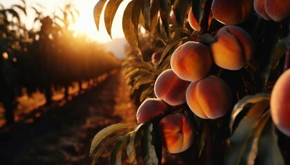 fruit farm with peach trees branch with natural peaches on blurred background of orchard in golden...