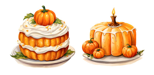 Pumpkin pie, watercolor clipart illustration with isolated background.