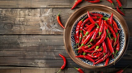 Red Hot Chili Peppers in bowl over wooden background