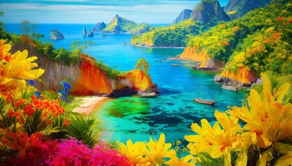paints decorated with colorful vegetation and cozy bays like pieces of paradise on ea - obrazy, fototapety, plakaty