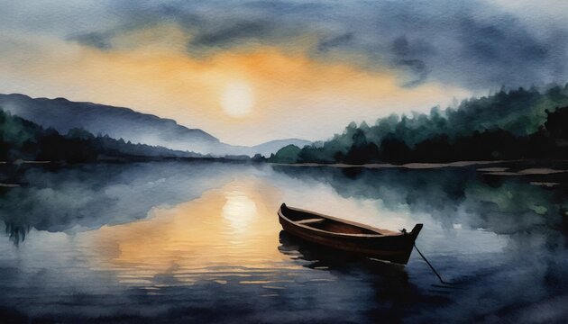 watercolor painting of a lake in the sunset with a lonely boat