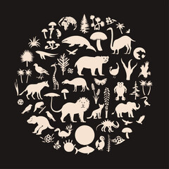 earth flat vector silhouettes of animals, plants, fungi, birds, trees and reptiles, flat design, icons, minimal, 2D simplistic vector 