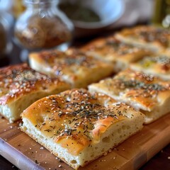 Freshly Baked Focaccia Bread with Savory Herbs and Olive Oil Drizzle