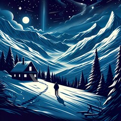winter night mountain landscape with a man in the center, illustration