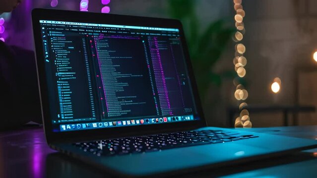 A laptop computer is seen resting on top of a table, ready for use, An open laptop with code appearing on the screen, AI Generated