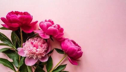 peonies roses on pink background with copy space abstract natural floral frame layout with text space romantic feminine composition wedding invitation international women day mother day concept