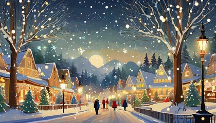 winter landscape background christmas night in city vector banner cute winter wonderland in the town people celebration in the park on new year banner design for merry christmas new year 2024 card