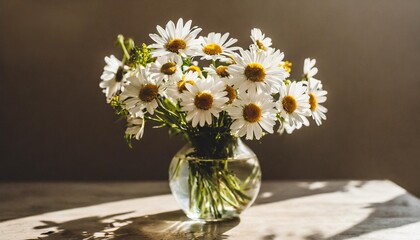aesthetic composition of wildflowers in a vase highlighted by warm sunlight gentle sunlight filters through a bouquet of daisies casting delicate shadows