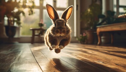 bunny running on a polished wooden floor this engaging image features a bunny sprinting across a...