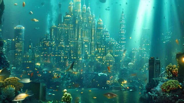 This painting depicts a city submerged in water, showcasing the buildings, streets, and infrastructure fully immersed under the sea, An underwater cityscape teeming with marine life, AI Generated
