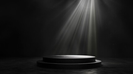 Abstract black stage with one round podium in light beam with light spot mockup for presentation...