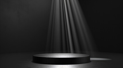 Abstract black stage with one round podium in light beam with light spot mockup for presentation cosmetic products, goods, advertising, design in soft gradient, in modern simple style, copy space.